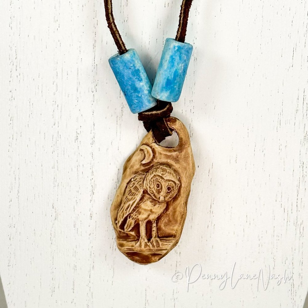 Vintage Owl Stone Etched on Burlap w/ Blue Stones Necklace - Picture 2 of 6